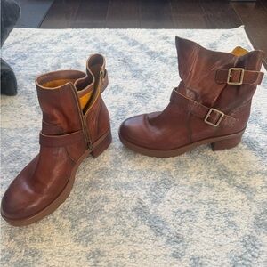 Kork-Ease Brown Leather Buckle Ankle Boots with Side Zip